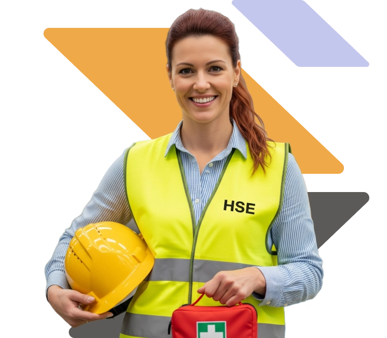 hse manager indossa un gilet della sicurezza e tiene in mano un kit del pronto soccorso