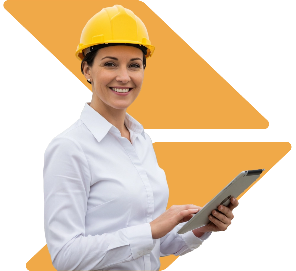 ingegnera indossa un casco della sicurezza e lavora su un tablet