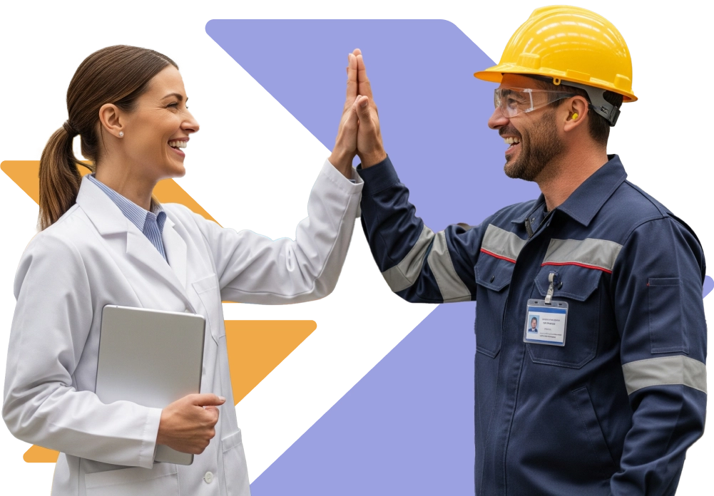 un ingegnera e un perito industriale si danno il cinque e ridono con grafica di sfondo